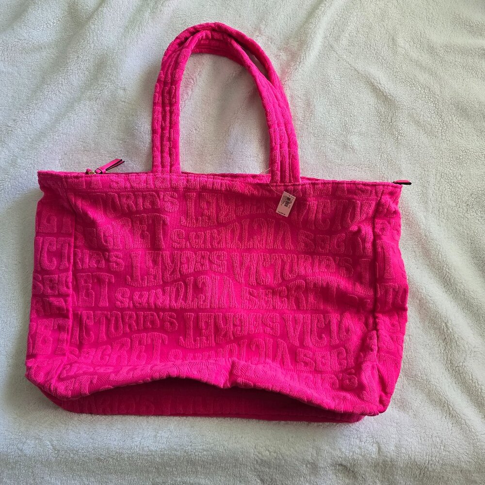 NWT Victoria's Secret Large PINK terry cloth Logo Carryall Tote